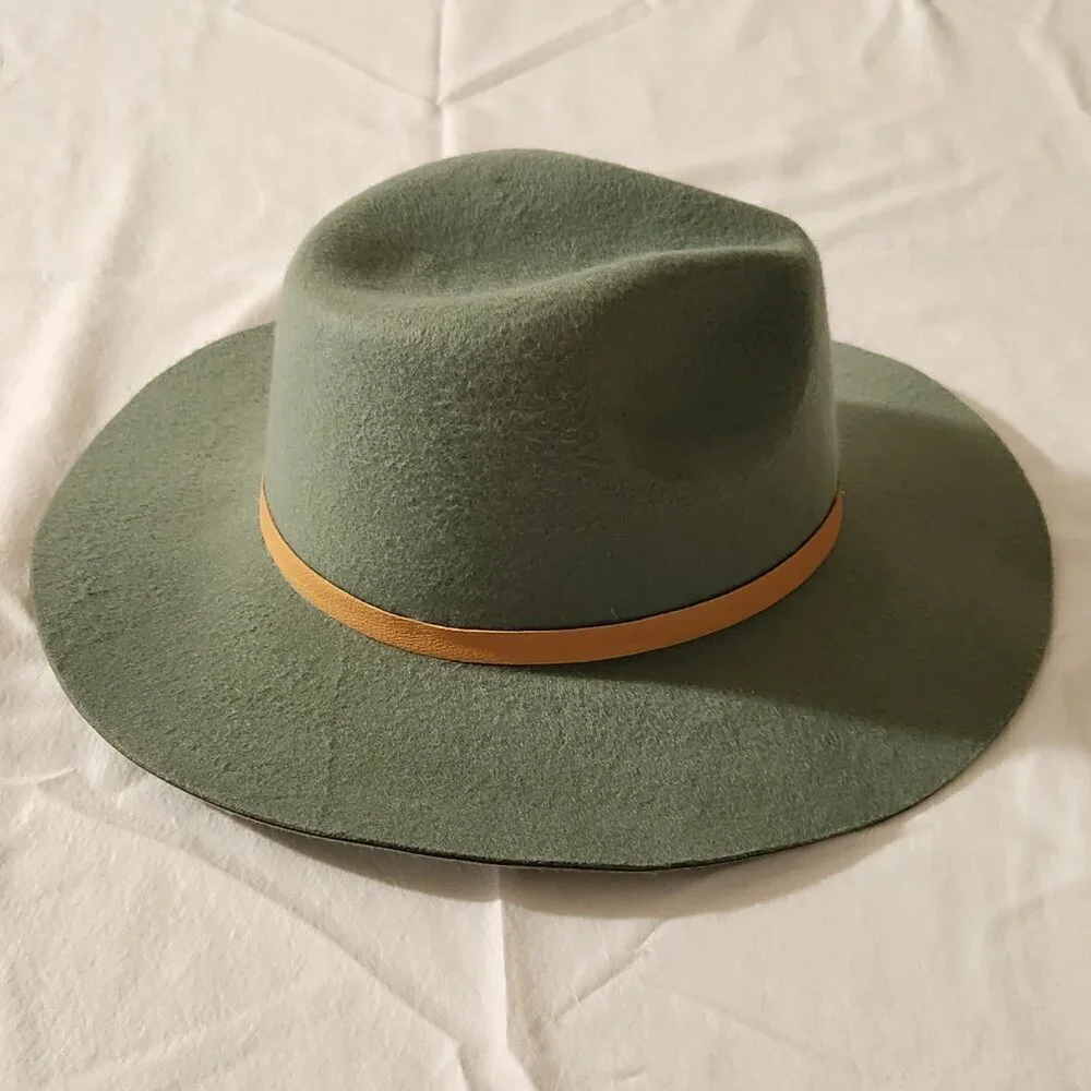 Fedora Hat Sage Green Soft Felt Pinched Crown Wide Brim Unisex Travel Walking